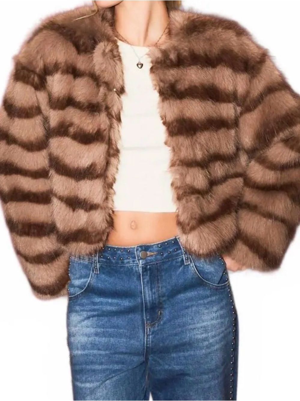 Women's Mocha-Brown Striped Faux Fur Jacket